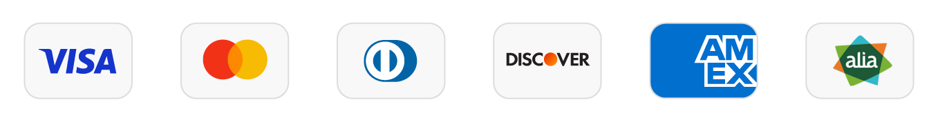 Visa, Mastercard, American Express, Diners Club, Discover